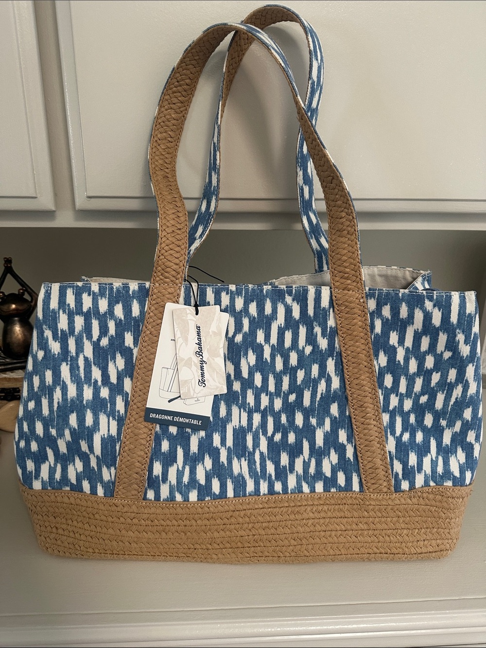 Tommy Bahama Blue Ikat Tote with Tan Braided Trim